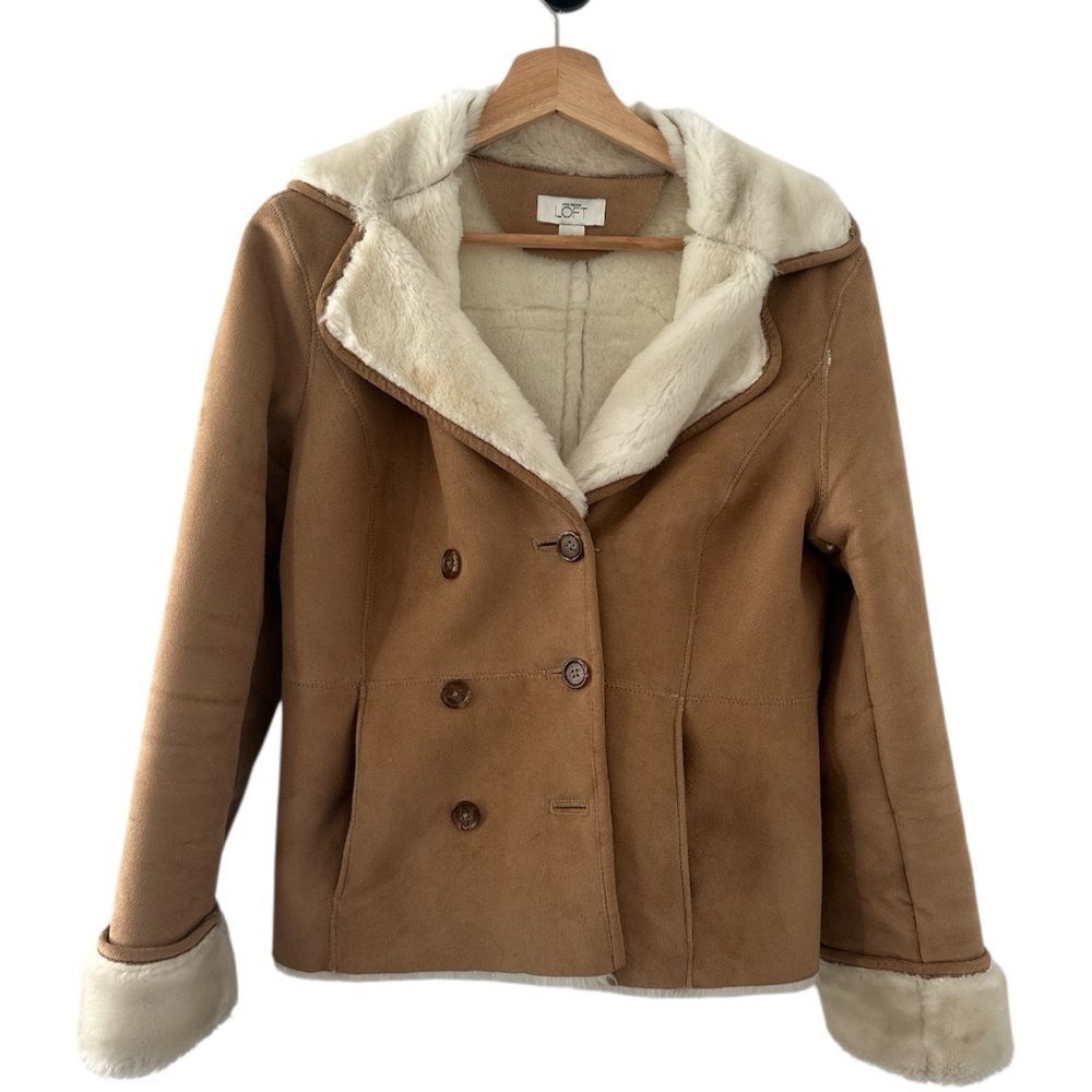 Vintage LOFT Faux Shearling Jacket Small Brown Suede Fur Lined 90s Y2K Tan